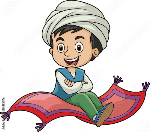 PrintHappy cartoon boy wearing turban riding magic flying carpet, smiling face, vector illustration for kids, Arabian fantasy, adventure design
