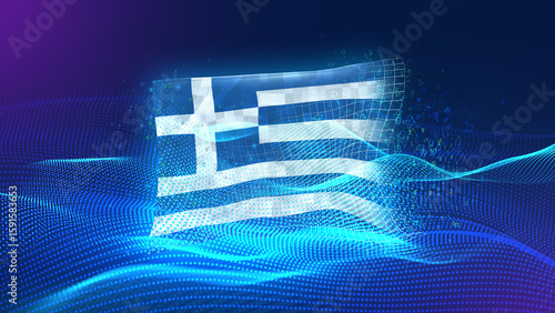 greece A futuristic digital background merging with a national flag symbol, representing the concept of technology, innovation, and digital transformation while preserving cultural identity.