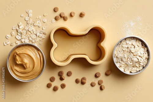 Dog treat ingredients arranged in a bone-shaped cookie cutter on a pale yellow surface