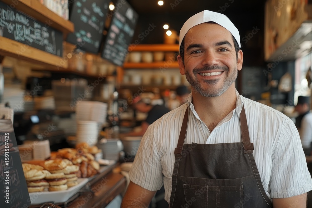 Male small business owner working in his bistro, managing daily operations and serving customers while fostering a hands-on approach to entrepreneurship, Generative AI Male small business owner working in his bistro, managing daily operations and serving customers while fostering a hands-on approach to entrepreneurship, Generative AI
