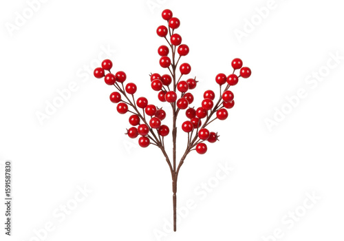 A single artificial branch of vibrant, glossy red berries on brown stems, perfectly mimicking holly, isolated against a transparent background with copy space, shadowless studio lighting, concept for