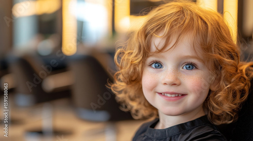 Smiling Child with Curly Hair at a Modern Hair Salon