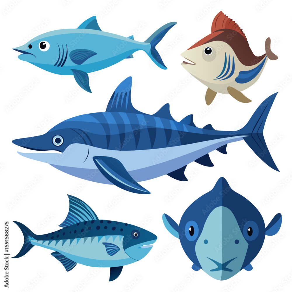 Fototapeta premium Aquatic life design showcasing a collection of diverse fish species, ideal for use in educational materials or marine-themed designs.