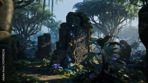 Overgrown Alien Ruins in Lush Jungle Planet vines, Moss, and Stone
