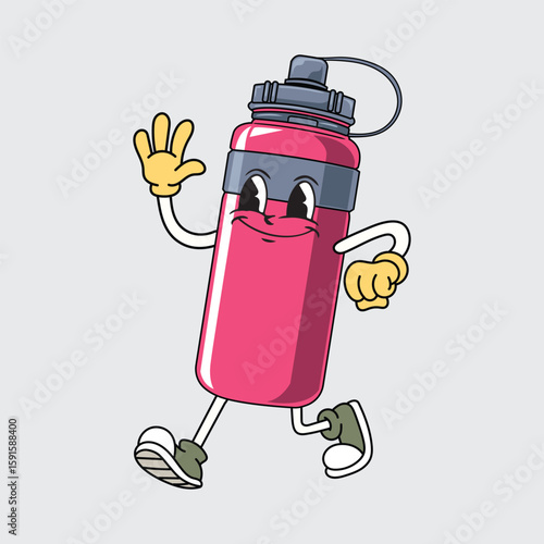 Cute cartoon pink sport bottle character walking cheerfully with gloves, sneakers, and a happy face illustration