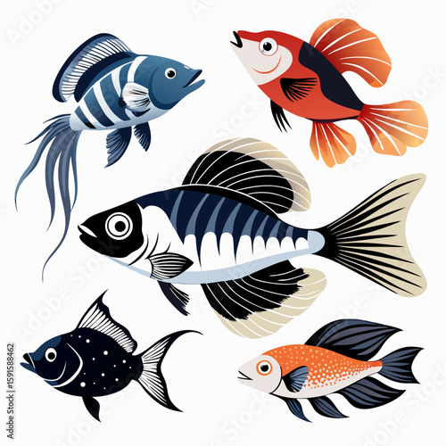 Colorful fishes swimming in harmony create a beautiful design, ideal for aquarium enthusiasts or aquatic themed projects with a touch of artistic charm.