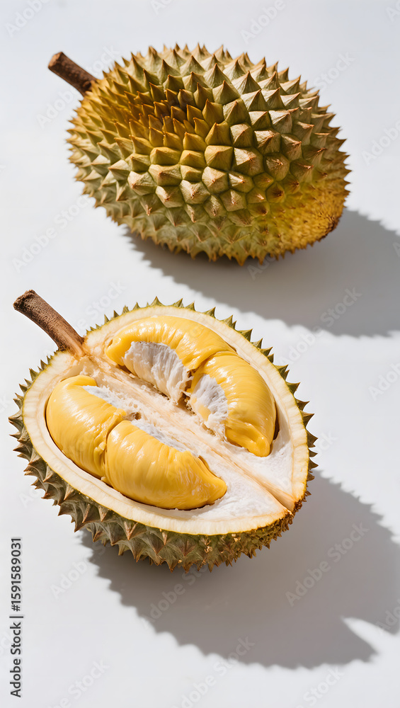 Fototapeta premium Durian half and whole fruit side by side, clear shadowing, isolated on white, premium food photography