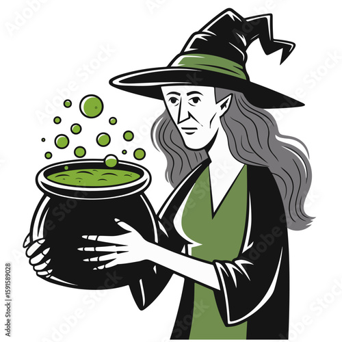 Cartoon Halloween witch stirring green magic potion in large cauldron