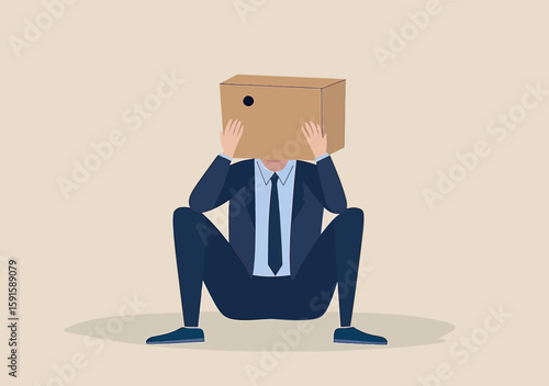 Depressed businessman sitting squatting with cardboard box over head feeling ashamed and hidden in flat minimalist style vector illustration