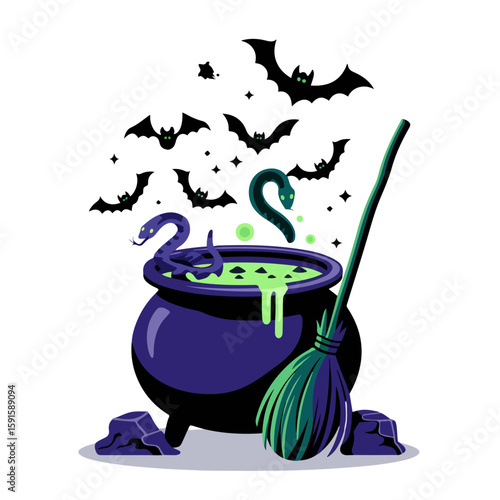 Halloween cartoon illustration set with pumpkin jack o lantern witch hat broomstick black cat cauldron boiling potion spooky ghost mask
