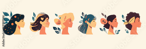 Profile portraits of diverse women with decorative leaves and flowers in flat minimalist vector style representing natural beauty and diversity