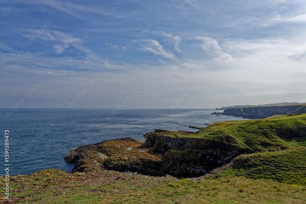 Obraz premium Looking south over Crawton Bay at the Fowlsheugh Bird Sanctuary at Crawton with the Haar or Sea Fog just beginning to form out at Sea.