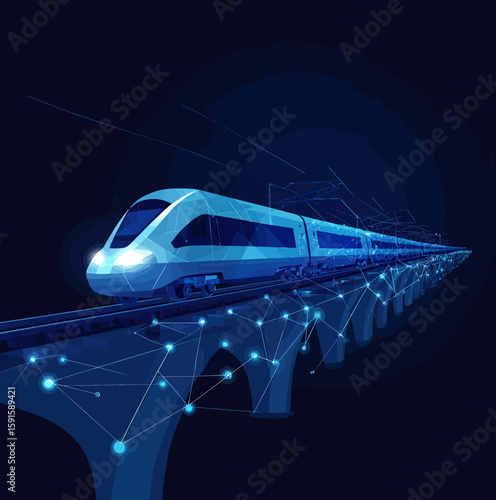 Futuristic polygonal high speed train crossing illuminated rail bridge with network connections digital technology concept blue background vector illustration