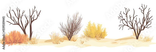 Minimalist flat vector illustration of western desert landscape with dead leafless trees, dry yellow bushes, and sparse grass on arid sandy terrain in prairie environment
