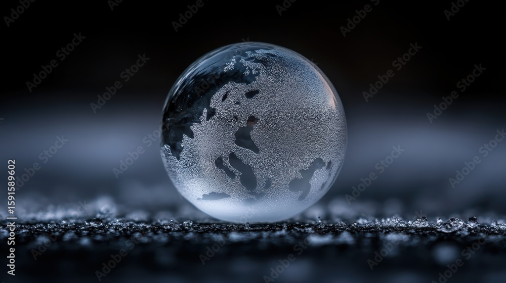 Crystal Clear Sphere with Abstract World Reflection on Dark Background Crystal Clear Sphere with Abstract World Reflection on Dark Background