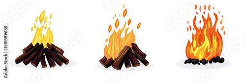 Set of three stylized campfire illustrations with wood logs and varying flame shapes in flat minimalist vector style on white background for outdoor and camping concepts
