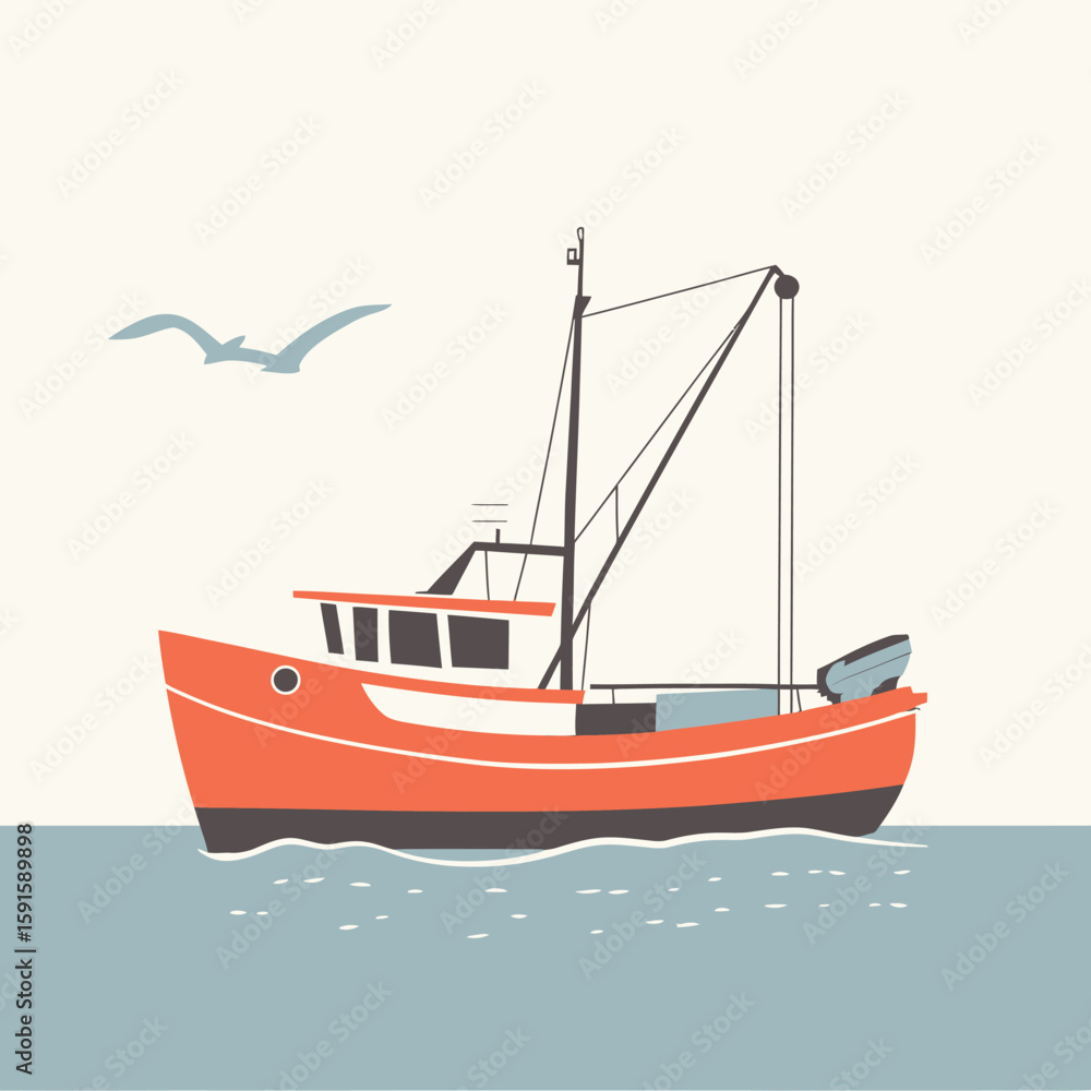 Fototapeta premium Red fishing boat on calm water with seagulls flying nearby minimalist flat vector illustration nautical maritime concept for sea travel and fishing industry design
