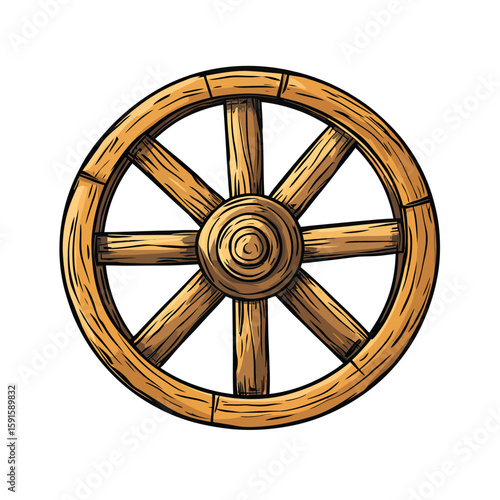 Hand drawn vintage wooden wagon wheel with spokes and central hub in rustic sketch style isolated on white background detailed vector illustration for western or cowboy concept