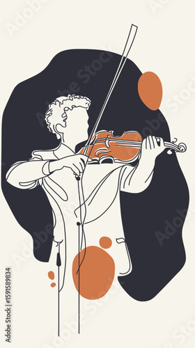 Abstract minimalist line drawing of violinist playing violin with orange accents and dark abstract background silhouette, music performance concept