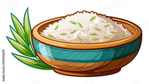 Steamed white rice in a simple ceramic bowl on white background. Fluffy grains and clean presentation capture purity and simplicity, perfect for a wholesome, healthy vector food concept.

