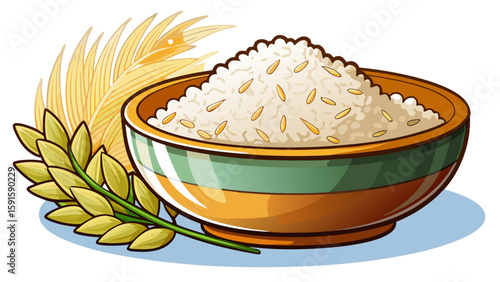 Steamed white rice in a simple ceramic bowl on white background. Fluffy grains and clean presentation capture purity and simplicity, perfect for a wholesome, healthy vector food concept.

