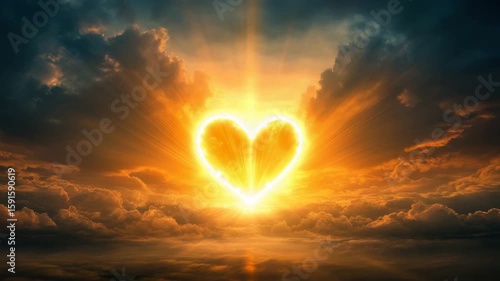Glowing heart shaped sunlight breaking through dramatic clouds at sunset, bright golden rays in sky creating warm, romantic, and inspiring nature scene full of hope and love