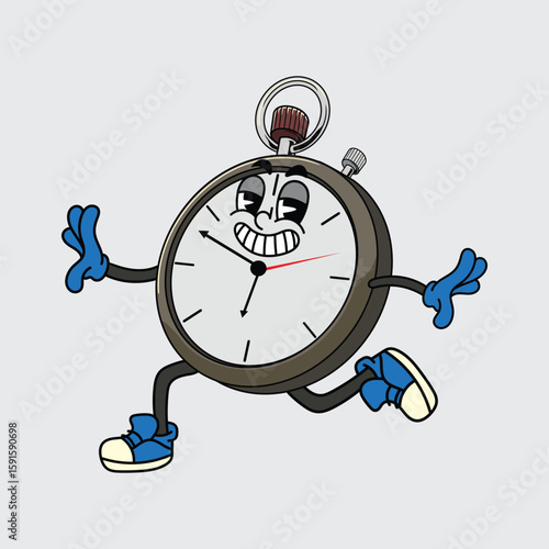 Smilling stopwatch cartoon character waving hand and walking cheerfully illustration