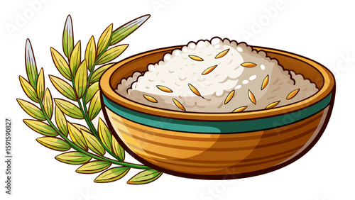 Steamed white rice in a simple ceramic bowl on white background. Fluffy grains and clean presentation capture purity and simplicity, perfect for a wholesome, healthy vector food concept.

