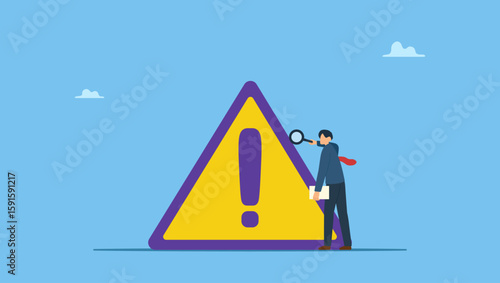 Businessman with magnifier monitor and investigate incident with exclamation attention sign. Incident management, root cause analysis or solving problem, identify risk or critical failure.