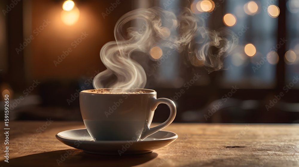 Obraz premium A steaming cup of coffee with the steam forming a heart shape in the air, cozy indoor lighting, warm tones, blurred background with bokeh lights, concept of love,Generative Ai 