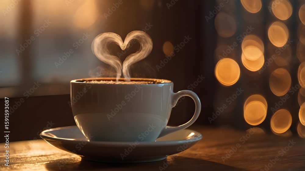 Fototapeta premium A steaming cup of coffee with the steam forming a heart shape in the air, cozy indoor lighting, warm tones, blurred background with bokeh lights, concept of love,Generative Ai 