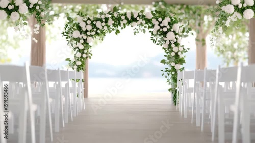 Wedding arch flower decoration with white flowers and green leaves, white chairs lining outdoor aisle creating elegant ceremony setting with peaceful natural light and serene atmosphere