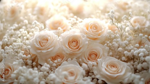 Soft cream rose flower bouquet with delicate white baby breath blossoms creating romantic floral arrangement full of elegance and natural beauty garden nature blossom cream floral bouquet white