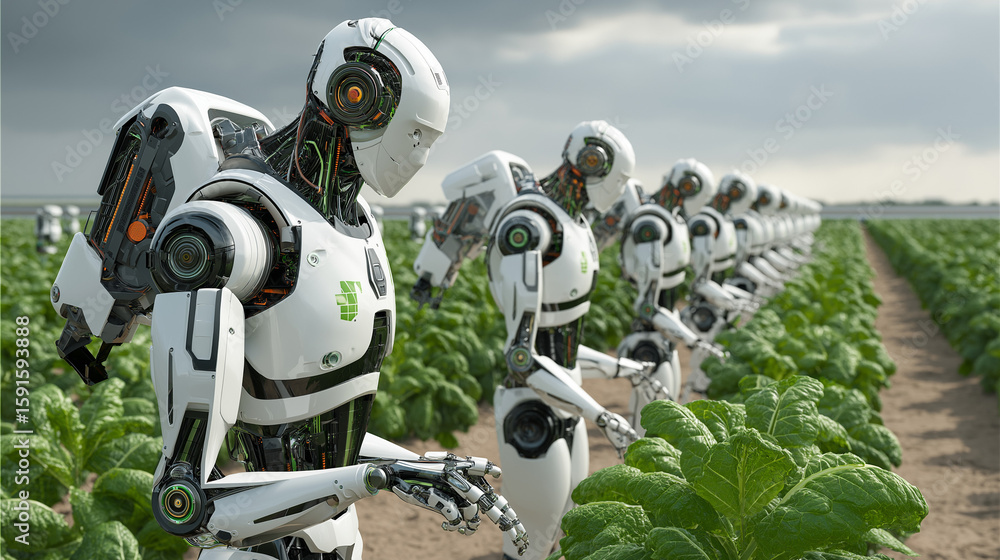 Fototapeta premium Robots working in a futuristic farm. Future farming, agriculture, harvesting