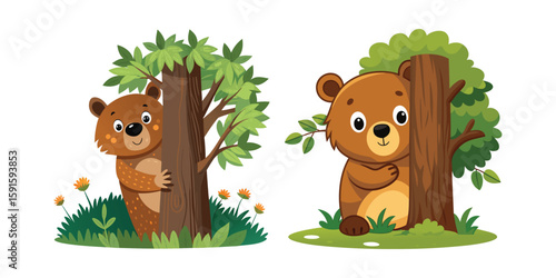 Adorable Bear Playing Peekaboo Behind Tree – Cute Forest Animal Illustration in Minimal Vector Style on White Background, Perfect for Kids and Nature-Themed Designs