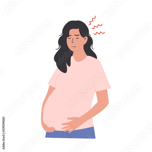 Pregnant woman in third trimester experiencing headache, discomfort, pain and fatigue symptoms. Late pregnancy hormonal changes and physical strain. Vector Illustration isolated on white background.