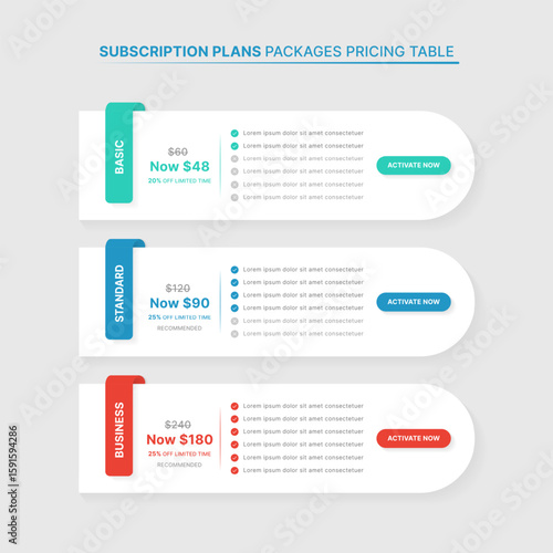 Subscription Plans Pricing Comparison Table Infographic Template with 3 Packages