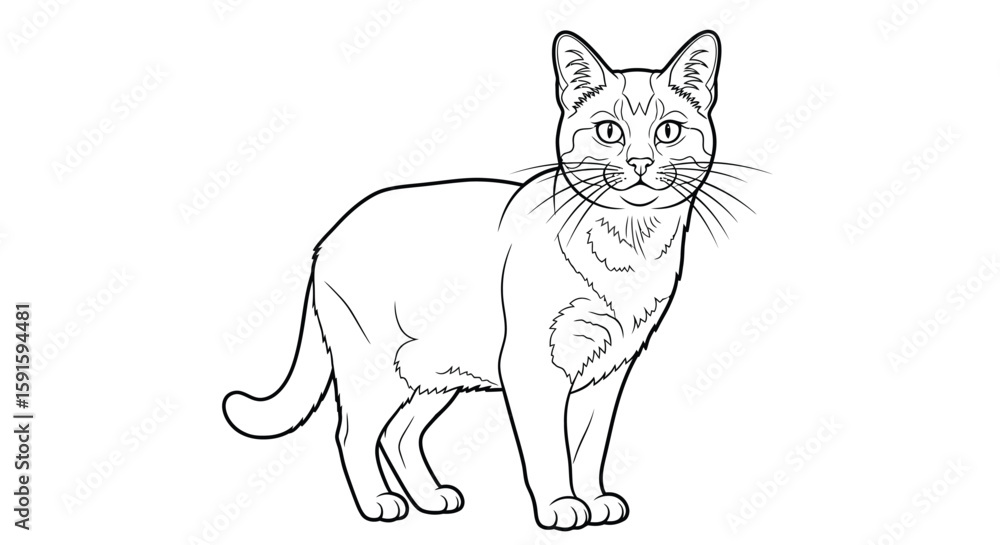Obraz premium Asiatic Golden Cat Standing Gracefully Intricate Adult Coloring Page Wild Feline Art