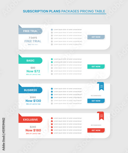 Subscription Plans Pricing Comparison Table Infographic Template with 4 Packages