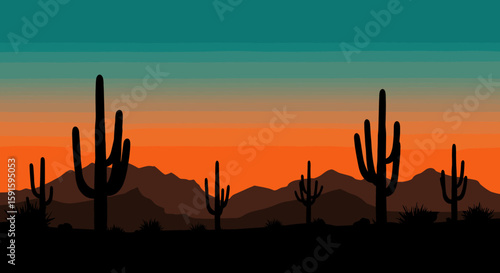 Cactus silhouette against vibrant sunset with mountain view