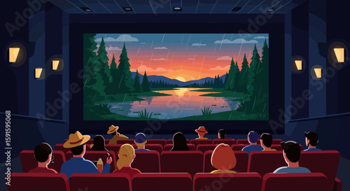 Cinema audience watching nature scene on big screen at sunset