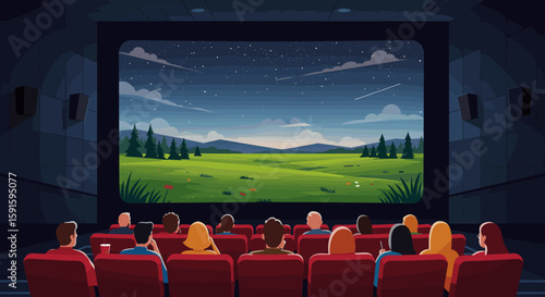 Cinema audience enjoying night sky landscape on big screen