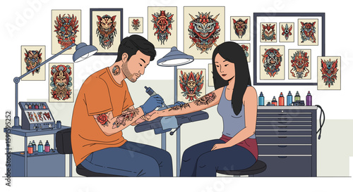 Tattoo artist creating detailed designs in studio setting