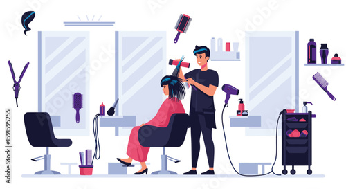 Professional hair salon scene with hairdresser styling client's hair in modern salon