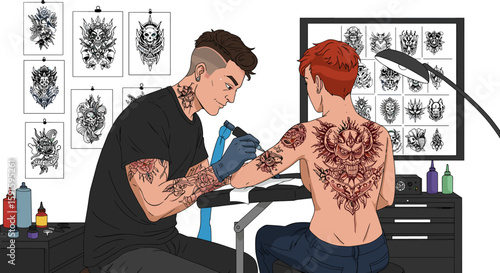 Tattoo artist creating unique skull tattoo design in studio setting