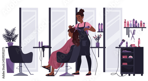 Modern salon scene with hair stylist and client in minimalist setting