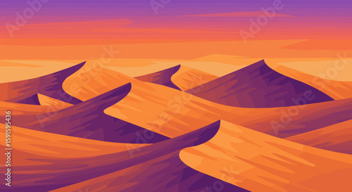 Vibrant desert dunes scene in warm sunset tones with gradient sky