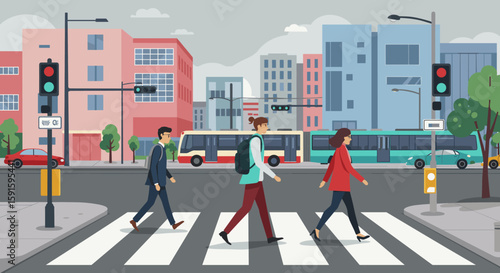 Urban street scene with people crossing at a crosswalk in a modern city landscape