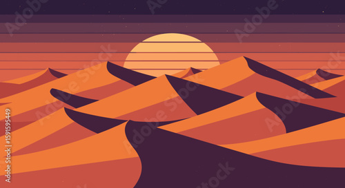 Colorful desert dunes at sunset with retro aesthetic and bold geometric design