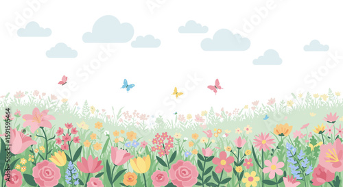 Colorful floral meadow with butterflies and clouds in pastel design
